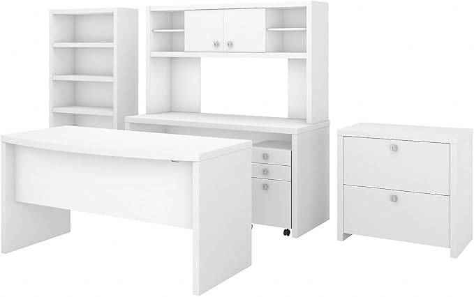 Bush Business Furniture Echo Bow Front Desk, Credenza with Hutch, Bookcase and File Cabinets in Pure White