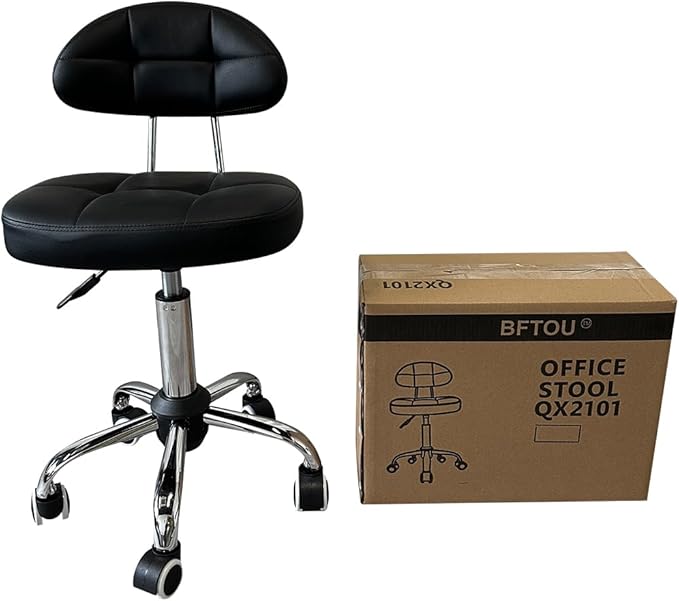 BFTOU Black Square Minimalist Swivel Stool with Wheel for Work SPA Shop Massage Height-Adjustable and Cost-Effective Rolling Stool Chair with Back