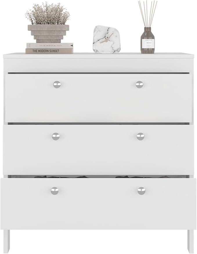White 3-Drawer Chest with Functional Storage Clean-lined modern design enhances bedrooms, living rooms, or home offices while maintaining a neat, uncluttered, and visually balanced environment Clea