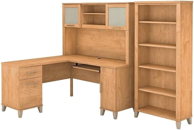Pemberly Row 60W L Desk with Hutch and Bookcase, Maple Engineered Wood, Frosted Glass Doors, Adjustable Shelves, Wire Management, Home or Small Office Furniture Set, Durable Transitional Design