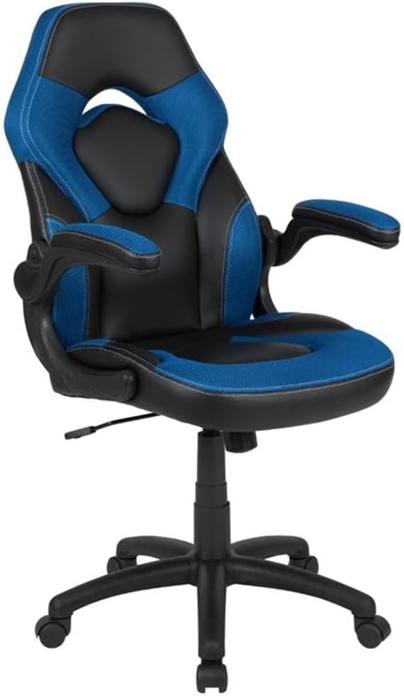 BOWERY HILL 2 Piece Gaming Desk Set, Black Laminate Desk with Blue Mesh Gaming Chair, Ergonomic Design, Cable Management, Monitor Stand, Cup Holder and Headset Hook, Contemporary Gaming Setup