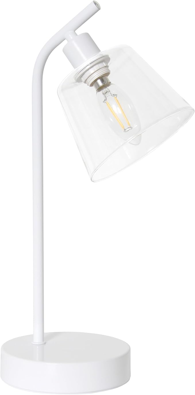 Simple Designs LD1080-WHT 16" Sleek Essentials Modern Industrial Metal Desk Lamp with Clear Glass Shade, for Office, Desk, Nightstand, Dorm, White