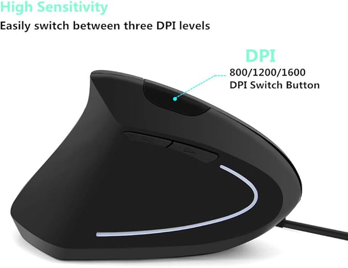 FLY WAY Left Handed Mouse,Ergonomic Vertical USB Wired Mouse 800/1200/1600 DPI Optical 6 Buttons Gaming Mice for PC Laptop Computer Desktop Mac (Left Hand)