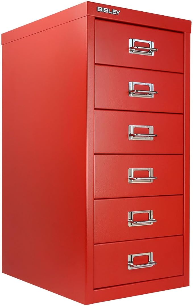 Bisley 6-Drawer Steel MultiDrawer Cabinet - Cardinal Red, Chrome Pull Handles with Label Holders, Powder-Coated Steel, Removable Drawers, Fits Under Most Desks, Labels Included
