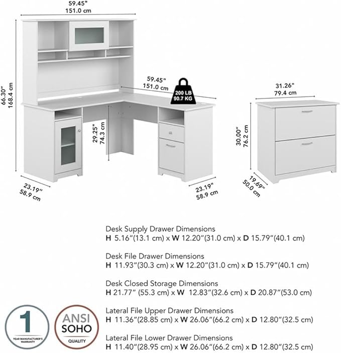 Pemberly Row 60W L Shaped Wood Desk Set, White Finish, Includes Hutch with Fluted Glass Door and Lateral File Cabinet, Built-in Wire Management, Adjustable Shelf, Home Office Furniture