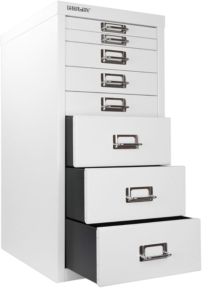 Bisley 8-Drawer Steel MultiDrawer Cabinet - Traffic White, Chrome Pull Handles with Label Holders, Powder-Coated Steel, Removable Drawers, Fits Under Most Desks, Labels Included