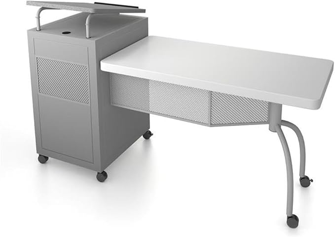 Pemberly Row Contemporary Metal Teacher's Desk and Lectern Combo, Adjustable Height, Gray Hammertone Steel Frame, Blow-Molded Plastic Desktop, Locking Storage, Mobile Office Furniture for Classroom
