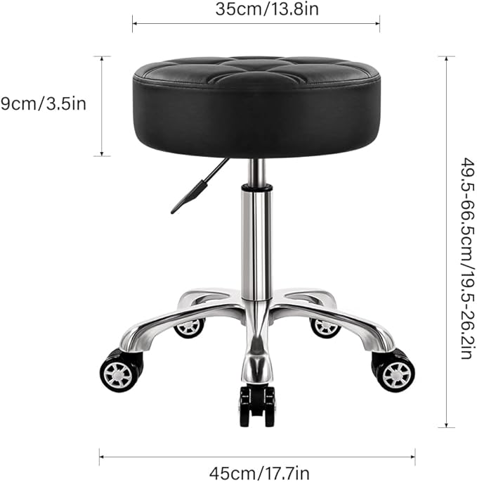 WKWKER Heavy Duty Rolling Stool with Wheels Hydraulic Lift 360 Swivel Adjustable Rolling Chair Thick Leather Ergonomic Seat Stool Chair for Kitchen Drafting Lab Office Salon Massage Black