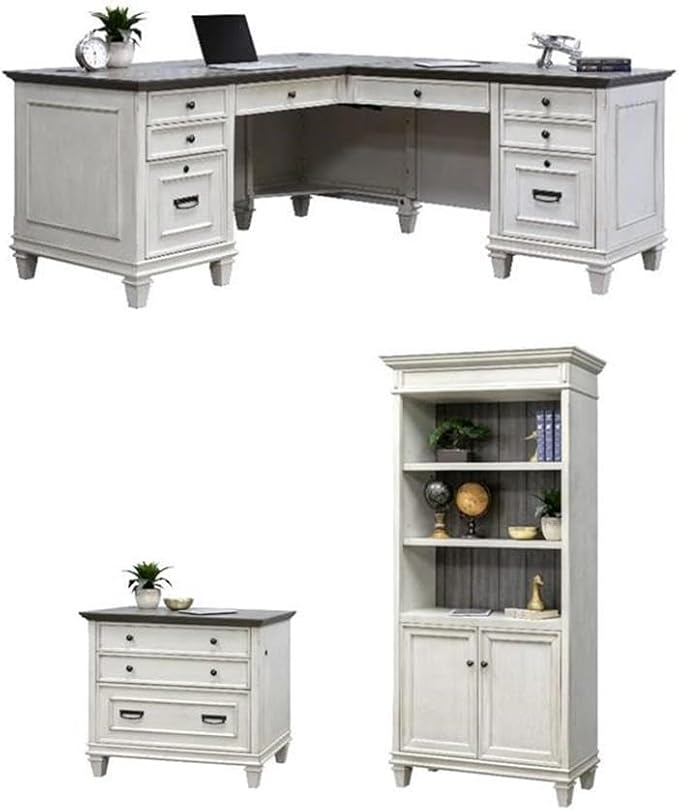 BOWERY HILL Set of 3 L-Shaped Office Desk & Bookcase with Doors & File Cabinet