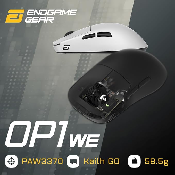 ENDGAME GEAR OP1we Wireless Gaming Mouse, CompX CX52850 Microcontroller, Pixart PAW3370 Optical Sensor, Mod-Friendly, Hybrid Skate Design, Claw Grip, 2.1 oz, Black