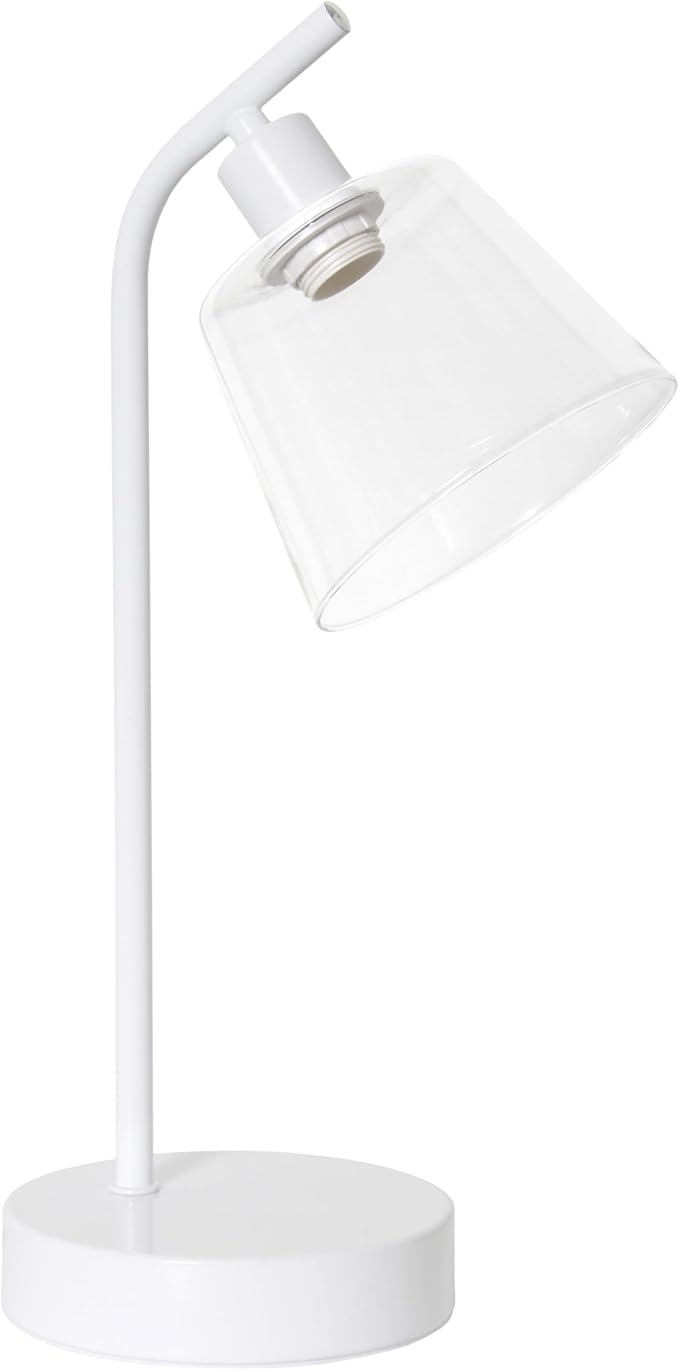 Simple Designs LD1080-WHT 16" Sleek Essentials Modern Industrial Metal Desk Lamp with Clear Glass Shade, for Office, Desk, Nightstand, Dorm, White
