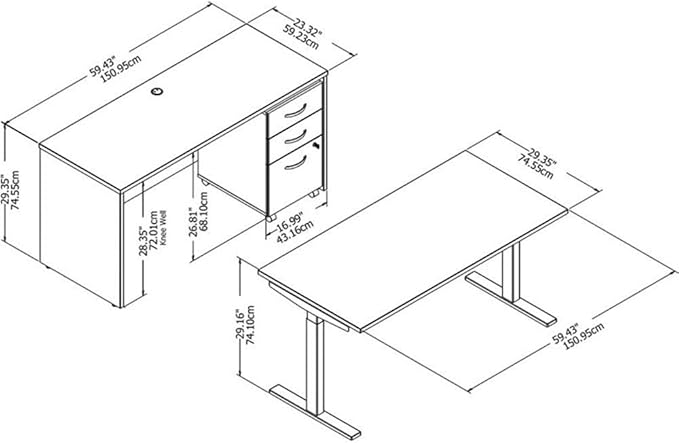 Pemberly Row Height Adjustable Standing Desk Set, 60W Credenza Desk and Mobile File Cabinet, White Finish, Laminate Over Engineered Wood, Contemporary Office Furniture for Home or Workspace