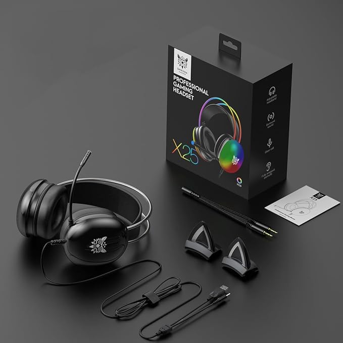 Cat Ear Gaming Headset with Microphone, RGB Rainbow Lighting, Surround Sound, 3.5mm Wired Over-Ear Headphones for PC/PS4/PS5/Switch/Laptop, Lightweight and Adjustable Headband
