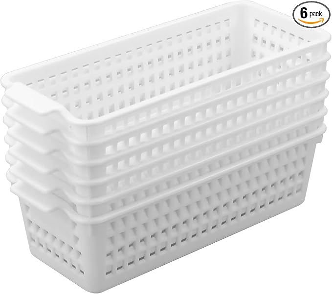 6 Pack Slim Plastic Storage Basket, Small Desktop Organizing Basket, White