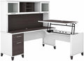 Pemberly Row Engineered Wood 72W Sit to Stand L Desk with Hutch, White/Gray Finish, Lift-n-Lock Ergonomic Design, Frosted Glass Doors, File Storage, Home Office Desk