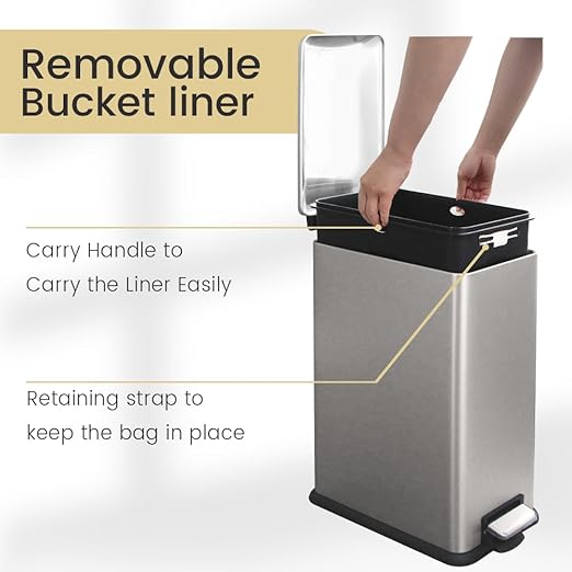 Bathroom Trash Can with Lid, 16.7L/ 4.4 Gallon Rectangular Slim Trash Can with Removable Inner Bucket, Soft Close lid, Stainless Steel Step Pedal Garbage Can for Bathroom, Kitchen, Home Office, Grey