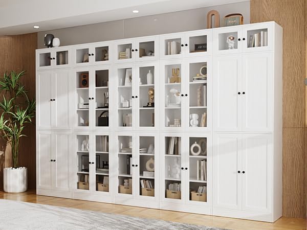 VOWNER 85.5" Tall Wooden Bookshelf 5 Sets, Storage Cabinet with Glass Doors, 7 Tier Bookcase for Living Room, White Pantries with Doors and Shelves, Modern Large Storage for Home Office