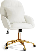 Home Office Desk Chair Comfy with Adjustable Swivel Wheels, Modern Velvet Makeup Vanity Chair with Back & Pillow, Ergonomic Office Chair Computer Task Chair for Living Room, Bedroom, White