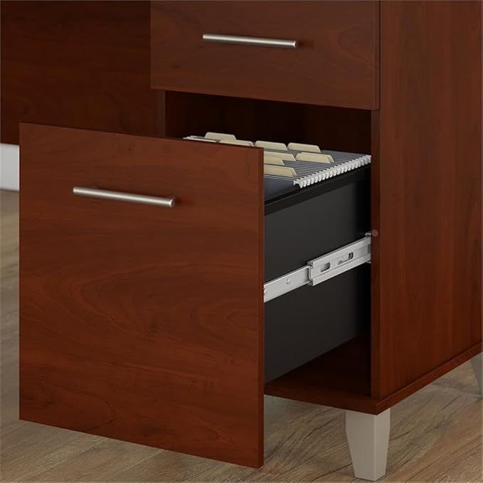 Pemberly Row Modern 60W L Shaped Desk with Hutch and File Cabinet, Cherry Finish, Frosted Glass Doors, Keyboard Tray, File Drawers, Home Office Furniture Set for Indoor Use