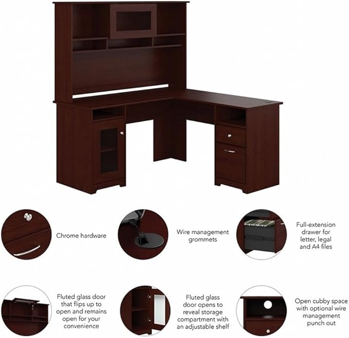 Pemberly Row Transitional Engineered Wood L Shaped Computer Desk with Hutch, Harvest Cherry Finish, Built-in Wire Management, Storage Cabinet, File Drawer, Home Office Desk with Open and Closed