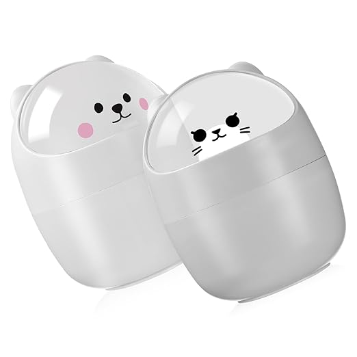 PRETYZOOM 2pcs Desktop Trash Can Lid Mini Small Trash Bin Countertop Garbage Bucket Slim Can for Home Office White Gray