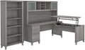Pemberly Row Sit to Stand L-Shaped Desk with Hutch and 5-Shelf Bookcase, Engineered Wood, Gray Finish, 72W Office Set, Adjustable Heights, Storage Drawers, Ergonomic Workspace for Home or Office