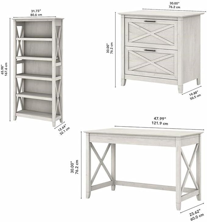 Bush Furniture Key West 48W Writing Desk with 2 Drawer Lateral File Cabinet and 5 Shelf Bookcase in Linen White Oak