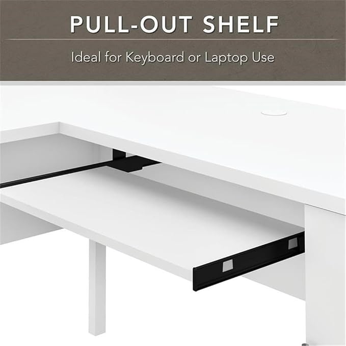 Pemberly Row 60W L Shaped Desk with Hutch and 5 Shelf Bookcase, Engineered Wood, White Finish, Transitional Home Office Furniture Set with Storage Drawers, Adjustable Shelves, Frosted Glass Doors