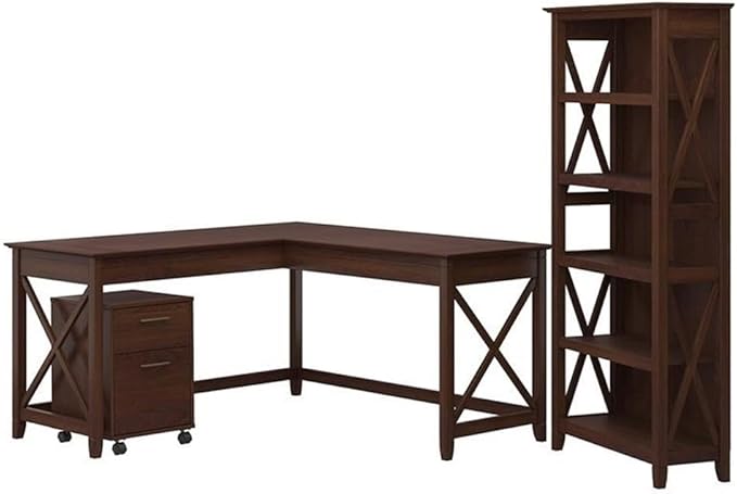 Bush Home Key West 60W L Shaped Desk with File Cabinets and 5 Shelf Bookcase in Bing Cherry
