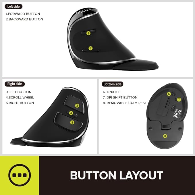 DELUX Ergonomic Vertical Mouse, Wireless Ergo Mouse for Large Hands, 2.4G Connection, Silent Clicks, Up to 1600 DPI,6 Buttons, Removable Wrist Rest, Compatible with Laptop/PC (M618Plus Wireless-Black)