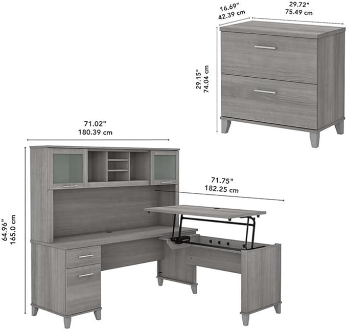 Bush Home Somerset 72W 3 Position Sit to Stand L Shaped Desk with Hutch and File Cabinet in Platinum Gray