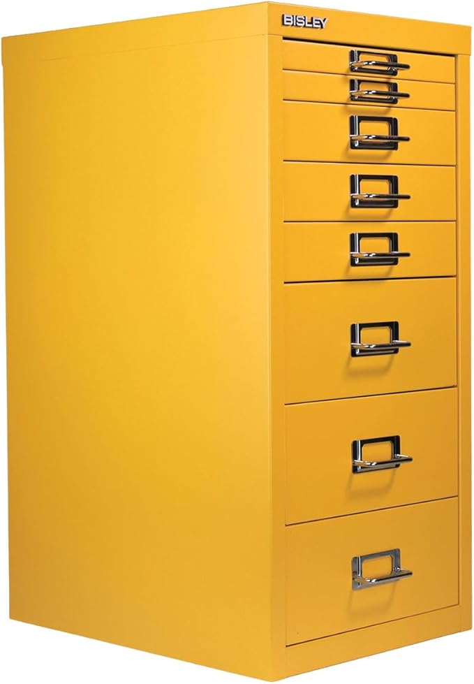 Bisley 8-Drawer Steel MultiDrawer Cabinet - Golden Sunflower Yellow, Chrome Pull Handles with Label Holders, Powder-Coated Steel, Removable Drawers, Fits Under Most Desks, Labels Included