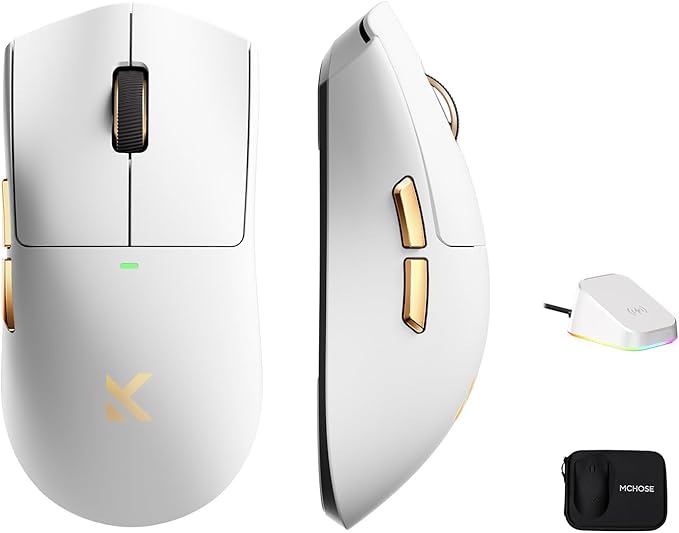 MCHOSE K7 Ultra Gaming Mouse Wireless, 59g Ultra-Lightweight, PAW3950 Sensor, 8000Hz Polling Rate, 42K DPI, 5 Programmable Buttons, 120 Hours of Playtime, Magnetic Wireless Charging Dock White Gold