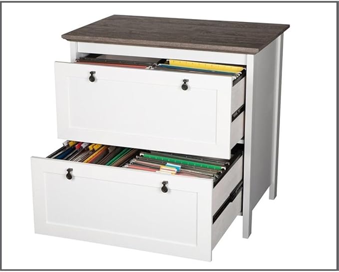 Pemberly Row Set of 2 L-Shaped Writing Desk & Lateral File Cabinet in White/Gray