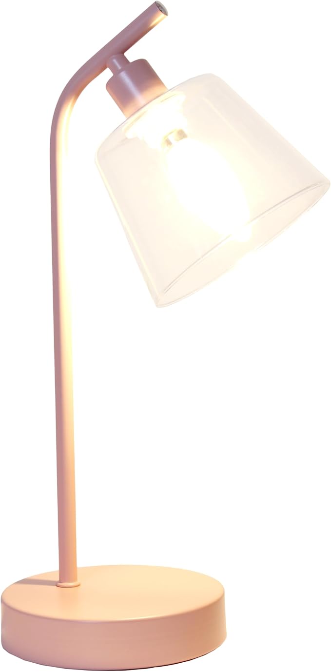 Simple Designs LD1080-BPK 16" Sleek Essentials Modern Industrial Metal Desk Lamp with Clear Glass Shade, for Office, Desk, Nightstand, Dorm, Pink