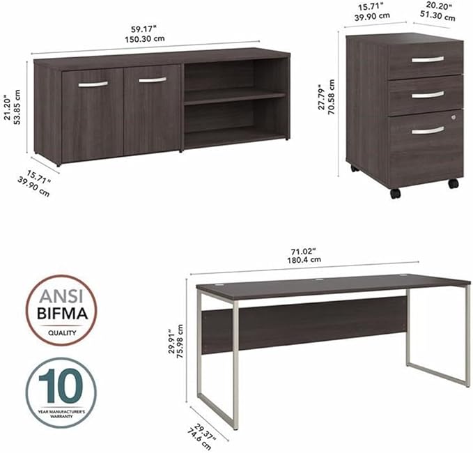 Pemberly Row 72W Office Desk with Storage, Engineered Wood, Storm Gray Finish, Includes 3 Drawer File Cabinet and Low Storage Credenza, Modern Workstation for Home Office or Professional Use
