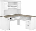 Pemberly Row 60W L Desk with Hutch, Shiplap Gray and White Finish, Engineered Wood, Corner Desk with Storage, Adjustable Shelves, Modern Farmhouse Style Home Office Workstation, 59.53W x 59.53D x