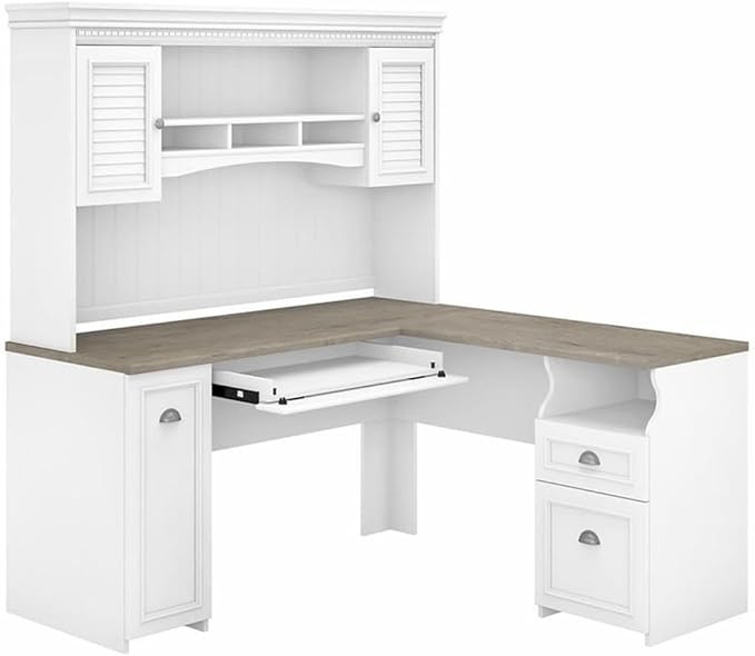 Pemberly Row 60W L Desk with Hutch, Shiplap Gray and White Finish, Engineered Wood, Corner Desk with Storage, Adjustable Shelves, Modern Farmhouse Style Home Office Workstation, 59.53W x 59.53D x