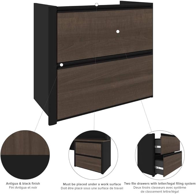 Bestar Connexion 72W L-Shaped Desk with Hutch and Lateral File Cabinet in Antigua & Black