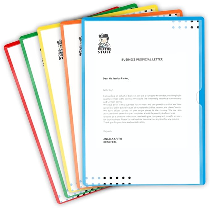 Doctor Stuff - 25 Pack L-Type Vinyl Plastic File Folders Letter Size, 5 Assorted Colors Pocket Project Folders Clear Front, Documents Holder for Home, High School, Office and Medical Files