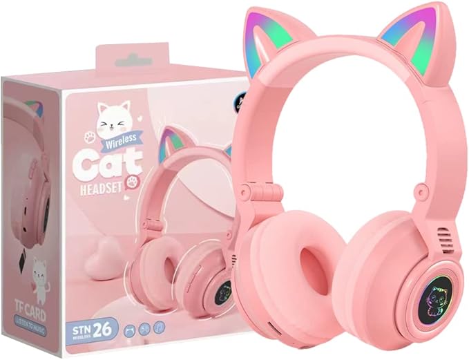 Cat Ear Bluetooth Headphones for Kids & Adults, Wireless Foldable & Wired Multi-Function LED Light Up Over Ear Headphones with Mic and Volume Control for iPhone/iPad/Laptop/PC (Pink 2)