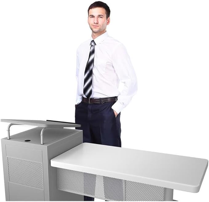 Pemberly Row Contemporary Metal Teacher's Desk and Lectern Combo, Adjustable Height, Gray Hammertone Steel Frame, Blow-Molded Plastic Desktop, Locking Storage, Mobile Office Furniture for Classroom