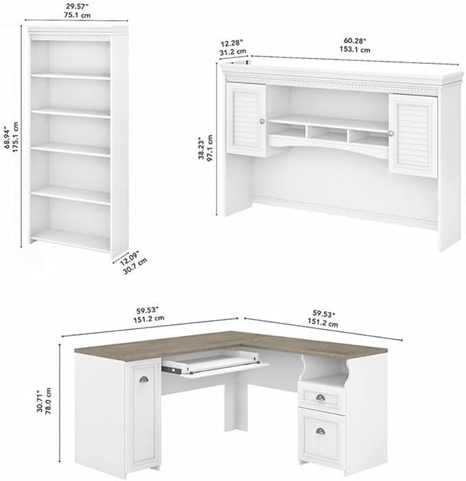 Pemberly Row Office Set, 60W L Desk with Hutch and 5 Shelf Bookcase, Engineered Wood, Pure White/Shiplap Gray Finish, Modern Farmhouse Style Home Office Furniture with Storage and Adjustable Shelves