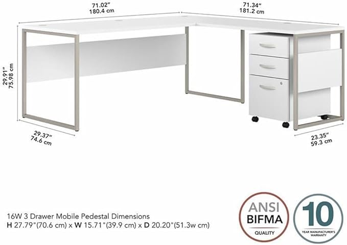 Bush Business Furniture Hybrid 72W x 30D L Shaped Table Desk with Mobile File Cabinet in White