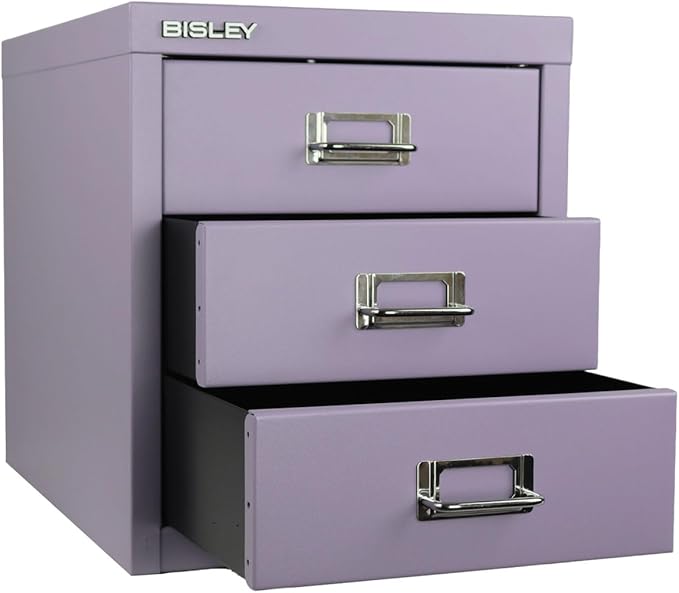 Bisley 3-Drawer Steel MultiDrawer Cabinet - Lilac, Chrome Pull Handles with Label Holders, Powder-Coated Steel, Removable Drawers, Desktop Storage, Labels Included