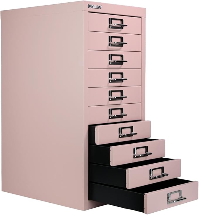 Bisley 10-Drawer Steel MultiDrawer Cabinet - Palest Pink, Chrome Pull Handles with Label Holders, Powder-Coated Steel, Removable Drawers, Fits Under Most Desks, Labels Included