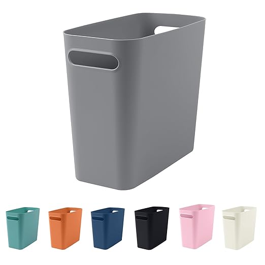 Small Grey Trash Can Wastebasket, Plastic Garbage Can Waste Basket for Narrow Spaces Bathrooms Laundry Room Kitchens Offices Kids Rooms, 1.8 Gallon (Grey)