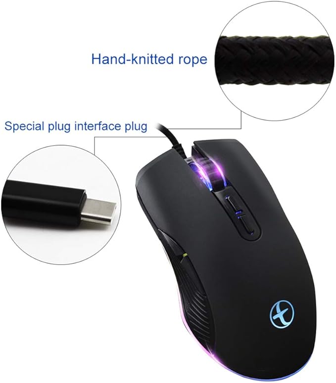 FIRSTMEMORY USB C Ergonomic Wired RGB Gaming Mouse - Optical with Adjustable DPI 800/1600/2400/3200 - Compatible with Notebook, PC, Laptop, MacBook and All Type-C Devices (Black)