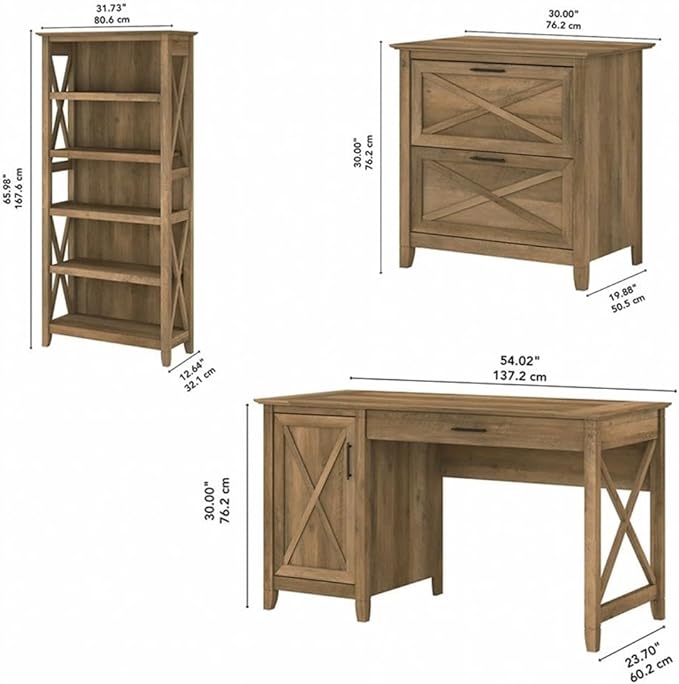 Pemberly Row 54W Desk Set with File Cabinet and 5 Shelf Bookcase, Pine Finish, Engineered Wood, Farmhouse Style Office Furniture for Home Workspace, Durable 3-Piece Bundle, Adjustable Storage
