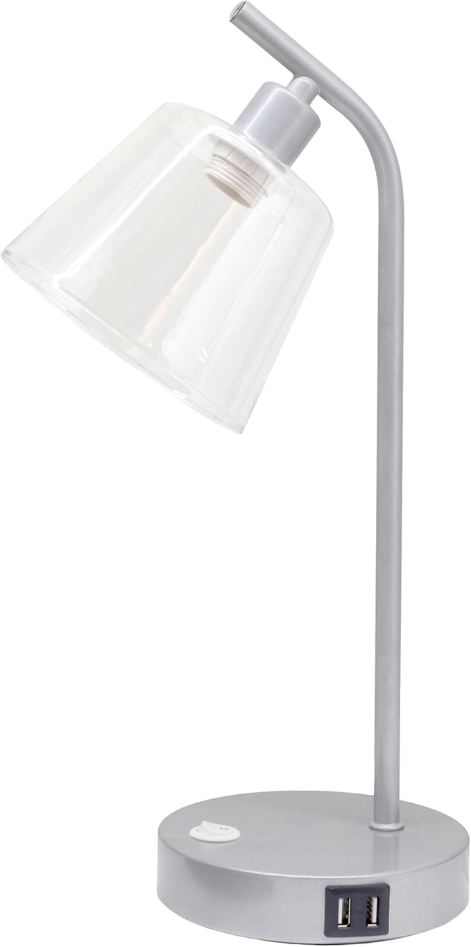 Simple Designs LD1074-SLV 15.75" Sleek Essentials Modern Industrial Metal Desk Lamp with Clear Glass Shade and Dual USB Ports, for Office, Desk, Nightstand, Dorm, Silver